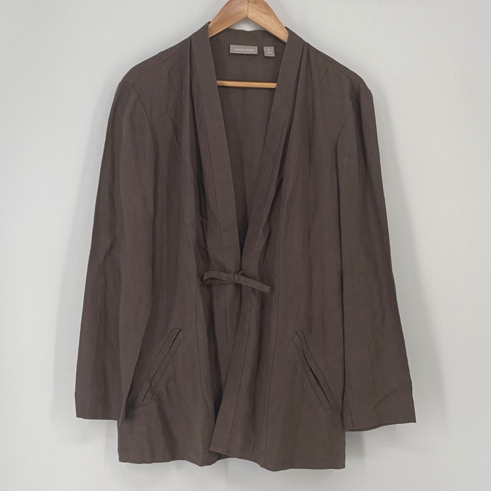 Nordstrom 100% Linen Tie Front Cardigan Jacket Women 10 Brown WN68727 Pockets